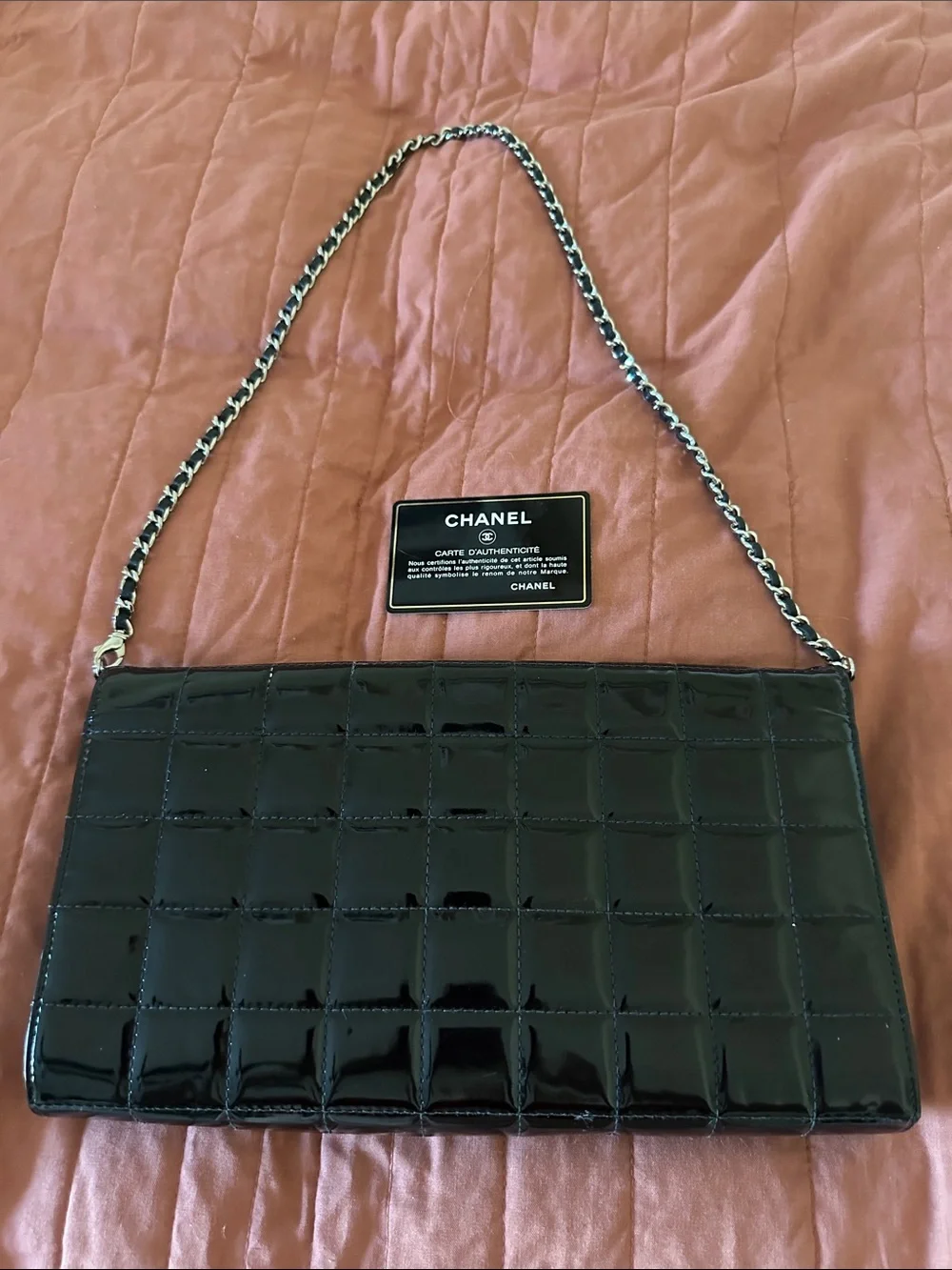 CHANEL Black Quilted Patent Leather chocolate bar silver HW pristine w card